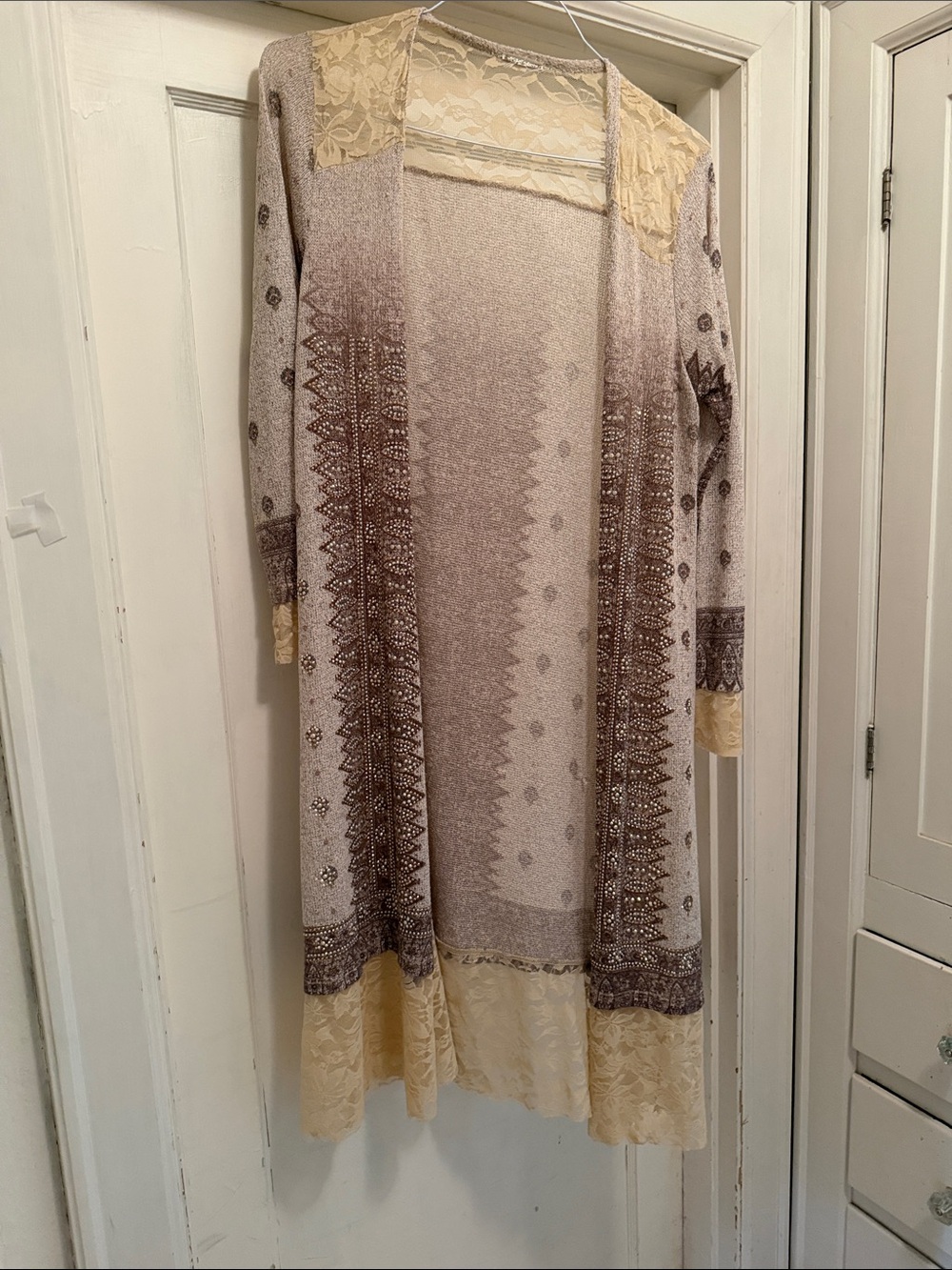 Boho Open Front Long Cardigan in Beige and Brown